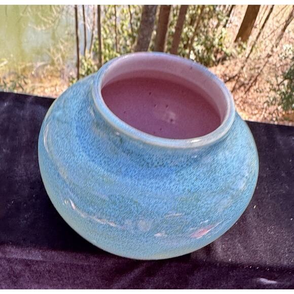 Rare 1935 Pisgah Forest Turquoise Blue & Pink Low Bowl Vase Nice! - Picture 5 of 10
